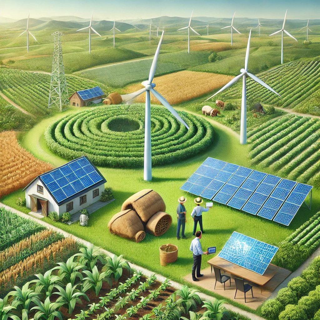 The image includes solar panels and wind turbines set within a green agricultural lan